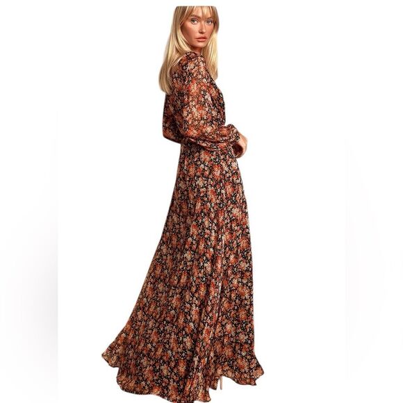 LuLus True To Love Chiffon Wrap Maxi Dress Black Floral Fairy Dark Romantic Chic - Picture 1 of 16